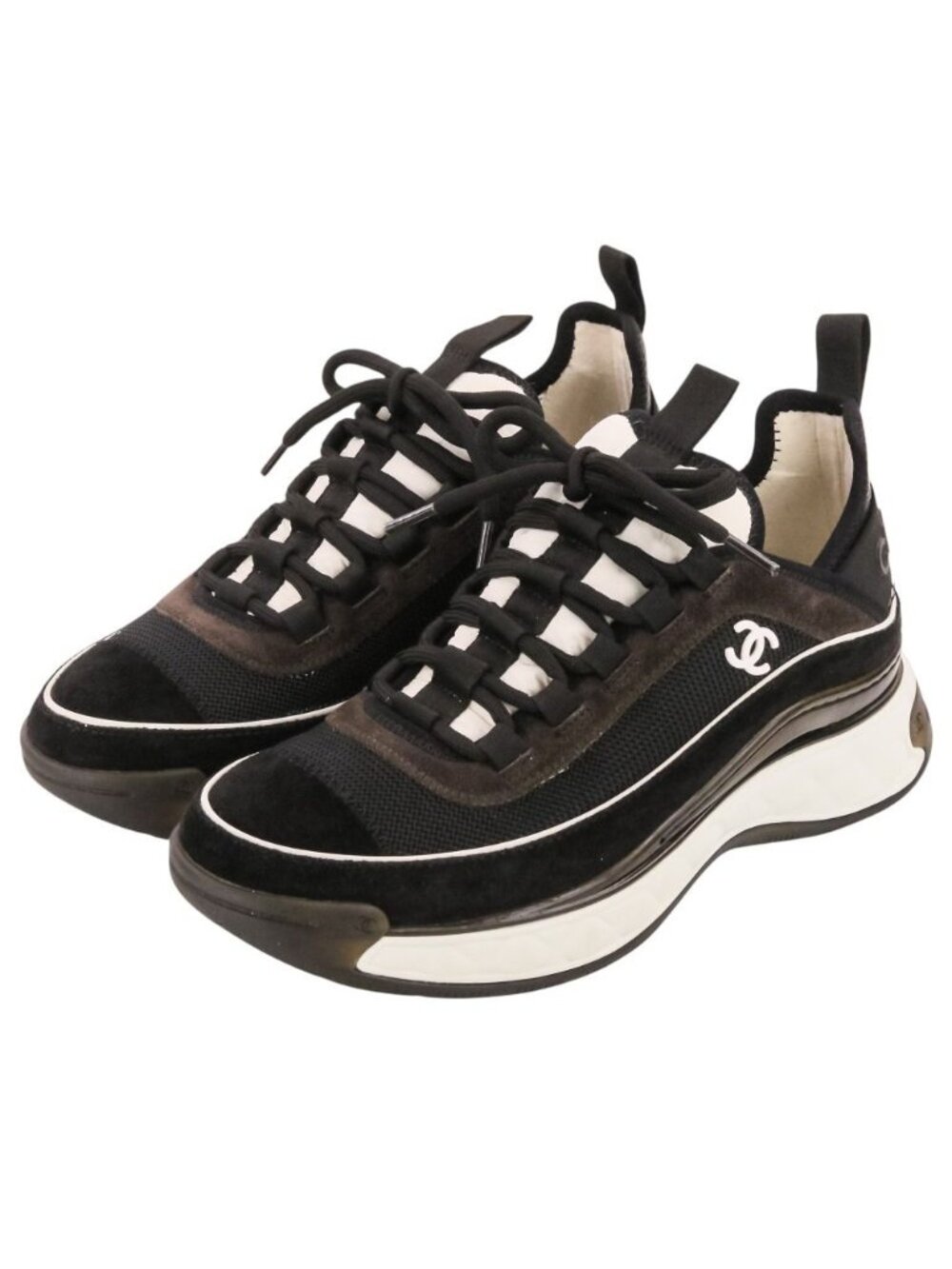 Chanel CC Logo Suede Mesh Sneakers Black Brown